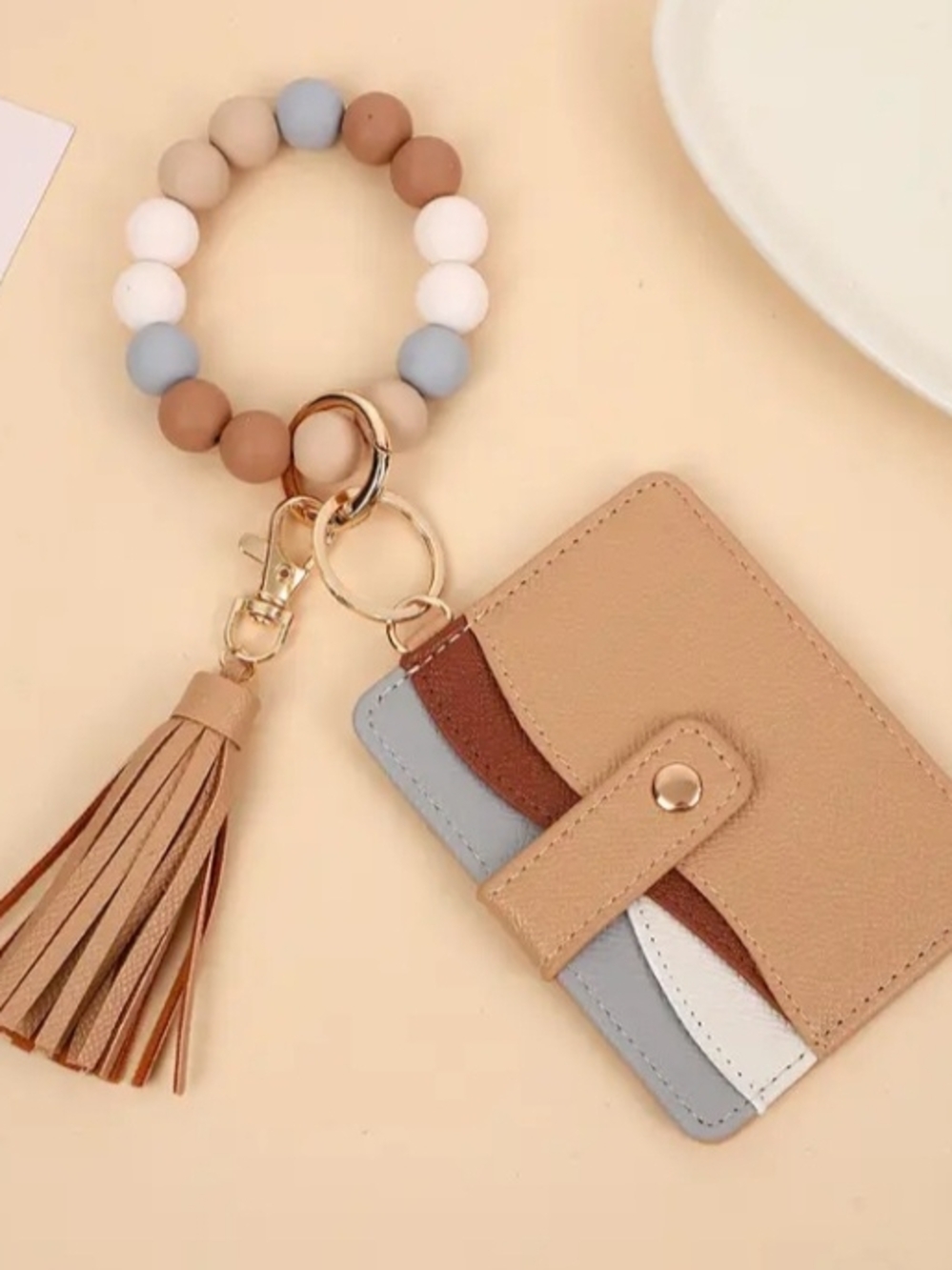 Beige Tassel Wristlet Card Holder with Beaded Bracelet